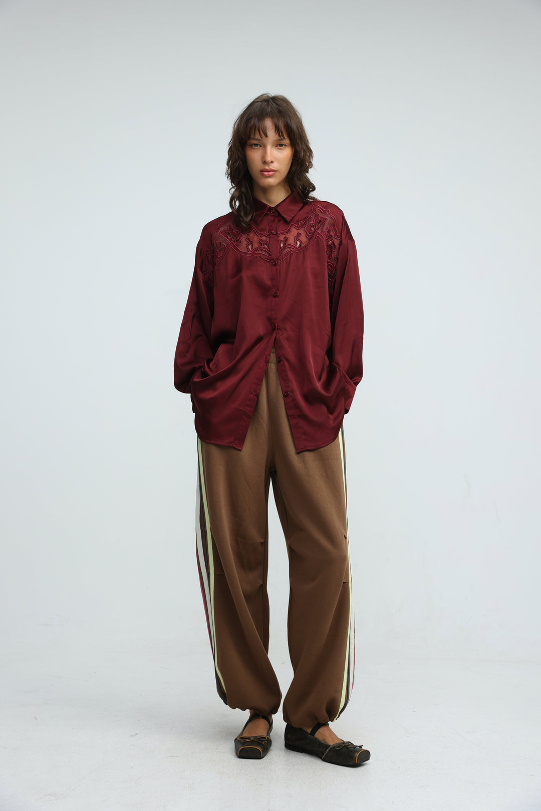 Satin Embroidered Wine Buttoned Shirt