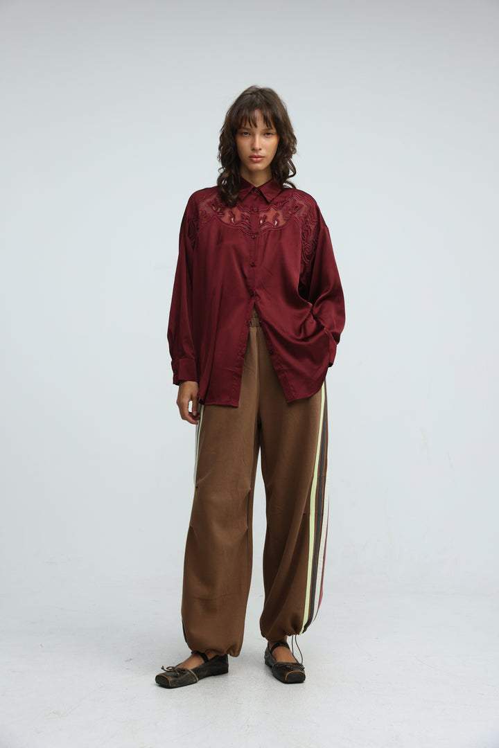 Satin Embroidered Wine Buttoned Shirt