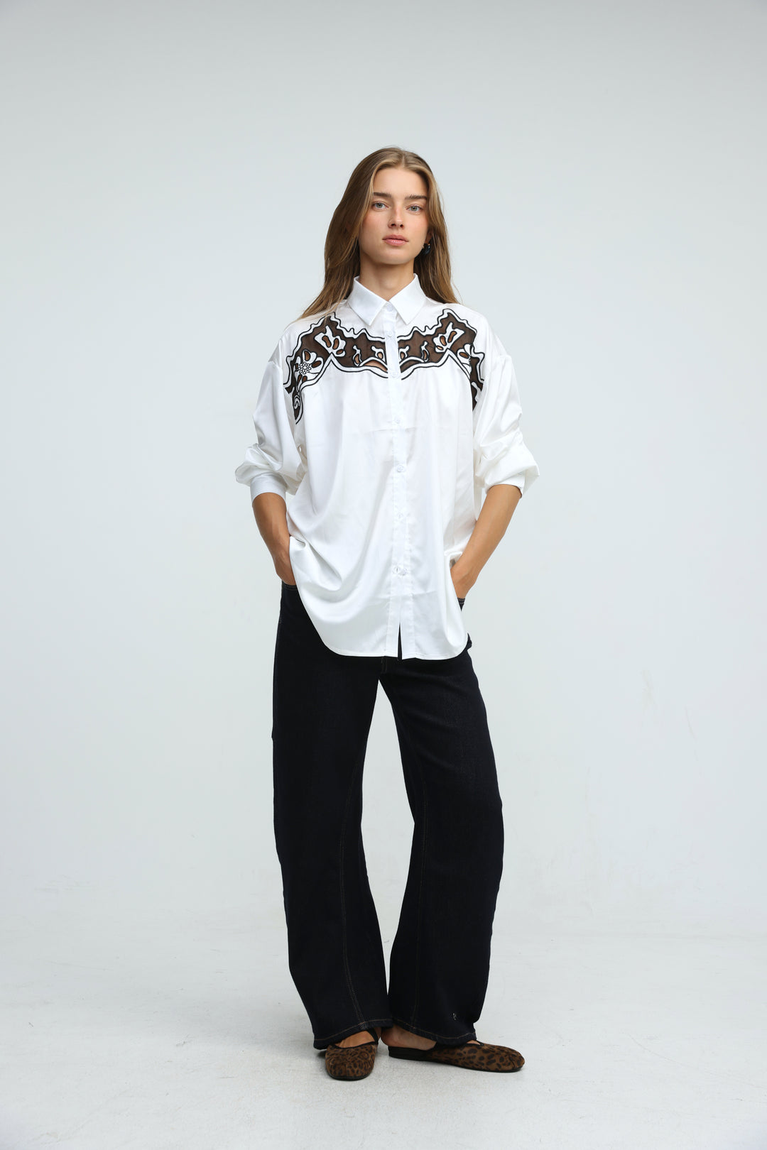 Satin Embroidered White/Black Buttoned Shirt