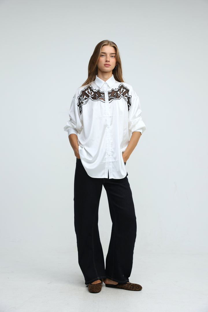 Satin Embroidered White/Black Buttoned Shirt