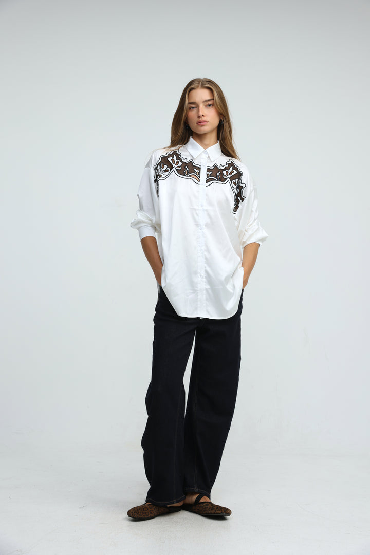 Satin Embroidered White/Black Buttoned Shirt
