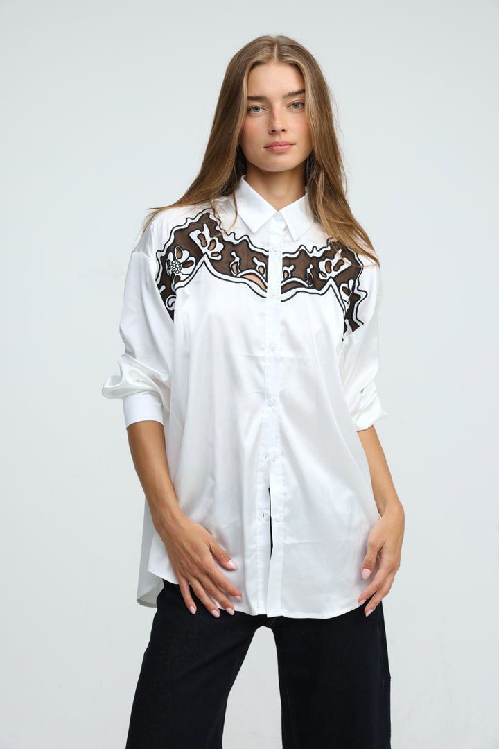 Satin Embroidered White/Black Buttoned Shirt