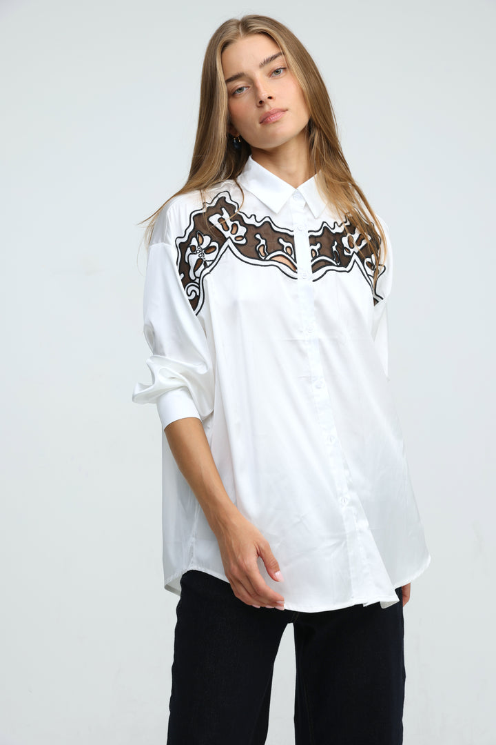 Satin Embroidered White/Black Buttoned Shirt