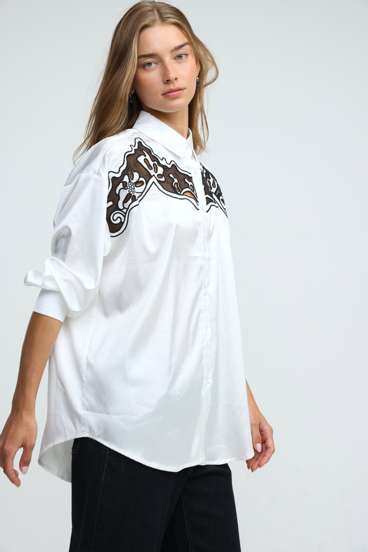 Satin Embroidered White/Black Buttoned Shirt