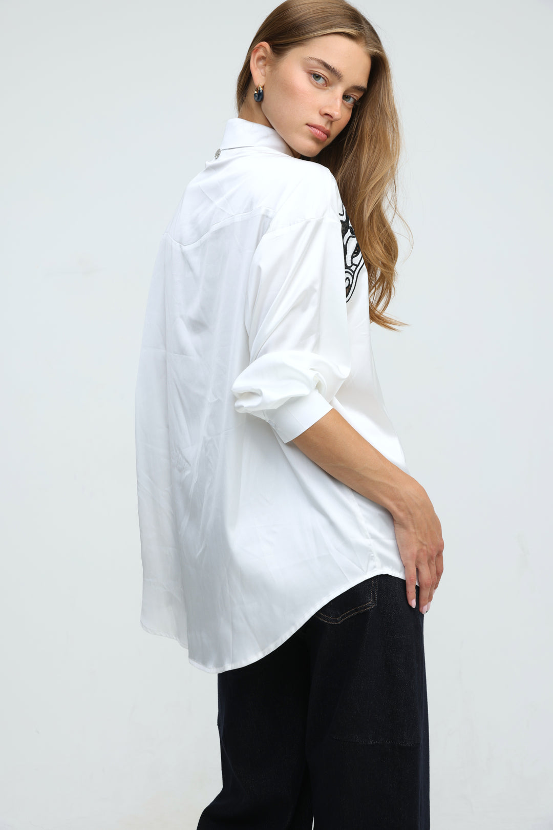 Satin Embroidered White/Black Buttoned Shirt