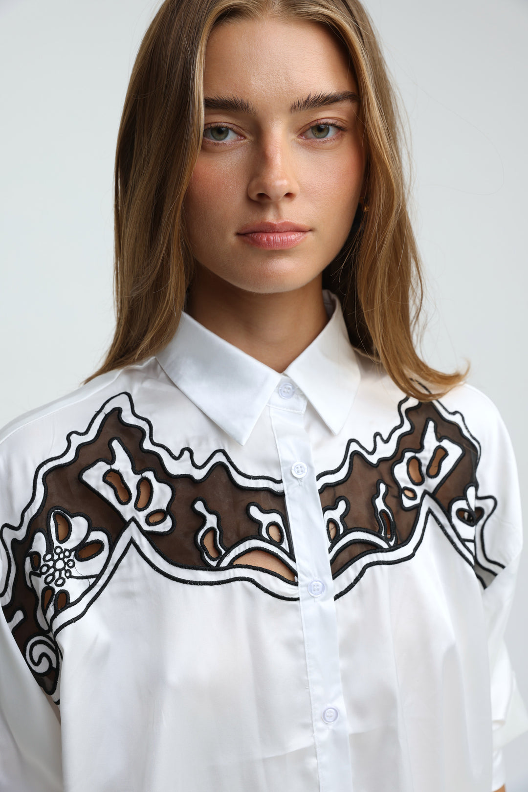 Satin Embroidered White/Black Buttoned Shirt