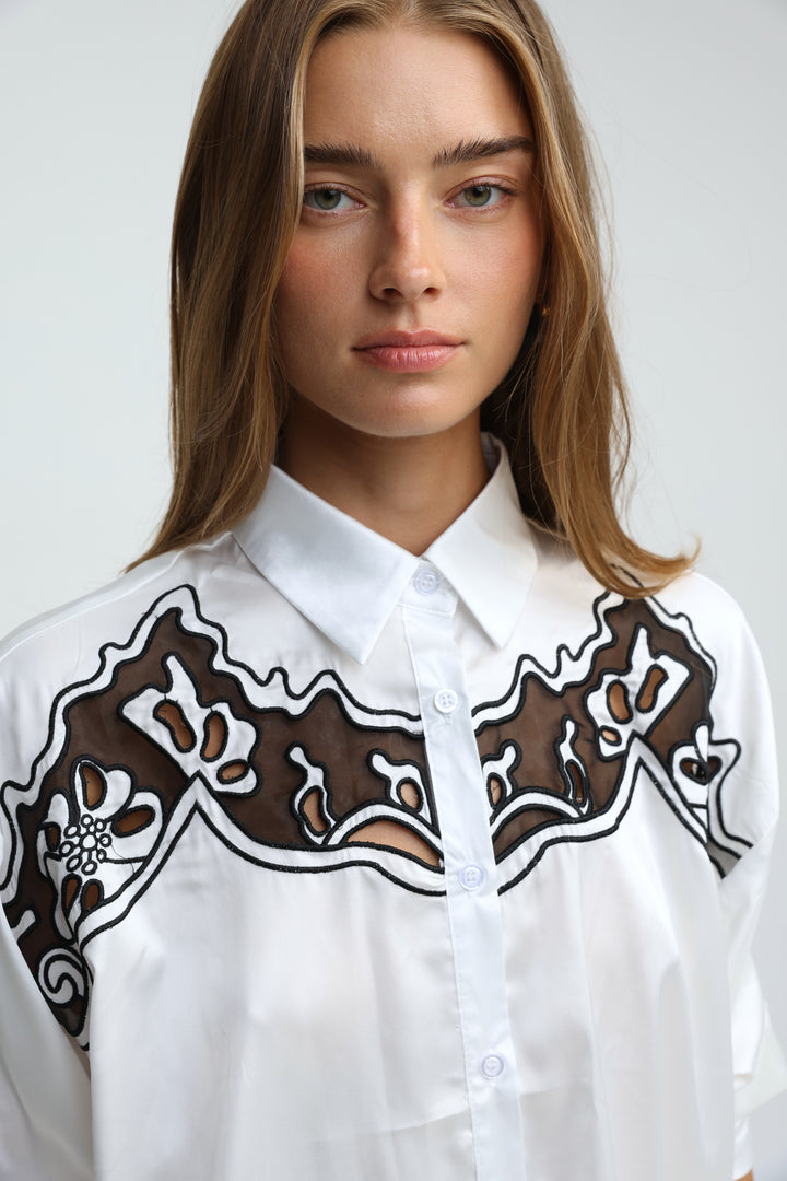 Satin Embroidered White/Black Buttoned Shirt