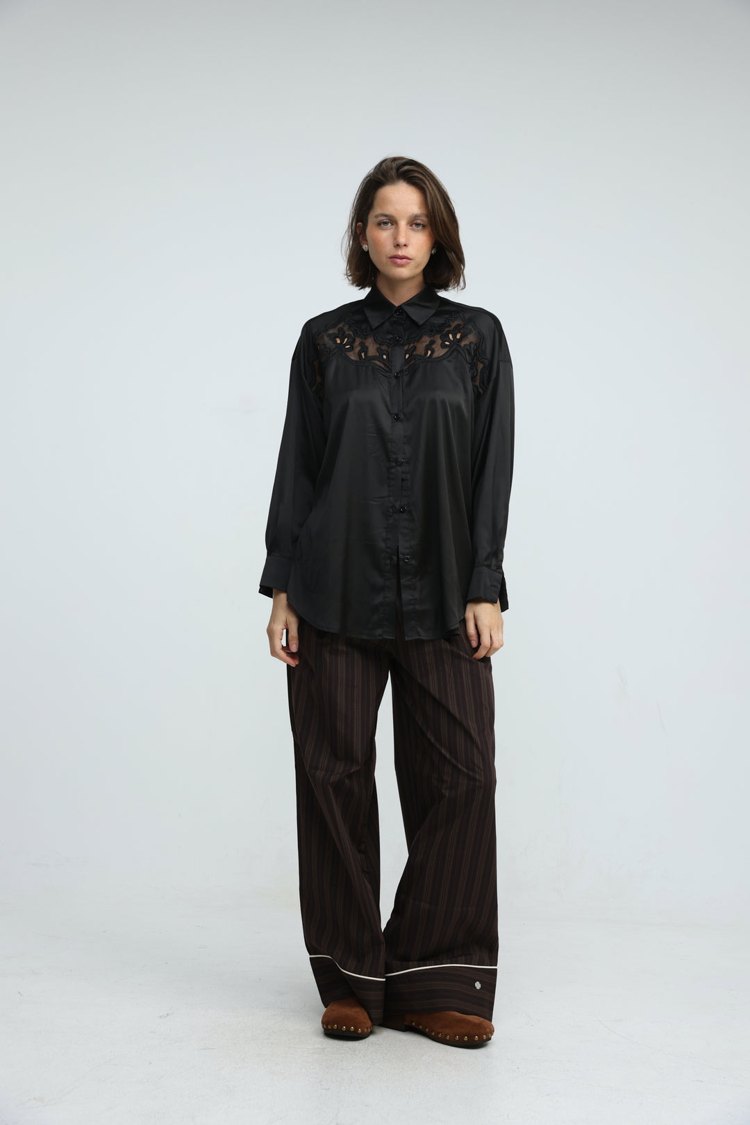Satin Embroidered Black Buttoned Shirt