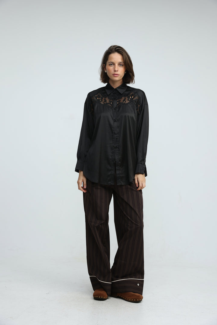 Satin Embroidered Black Buttoned Shirt