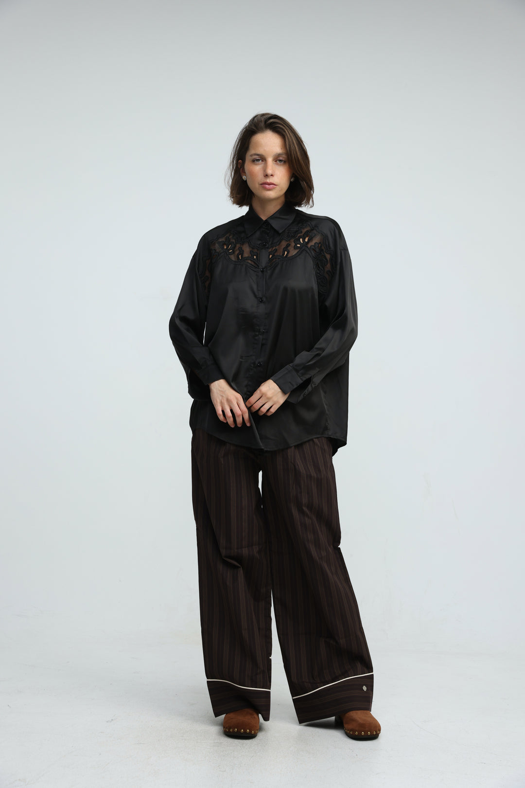 Satin Embroidered Black Buttoned Shirt