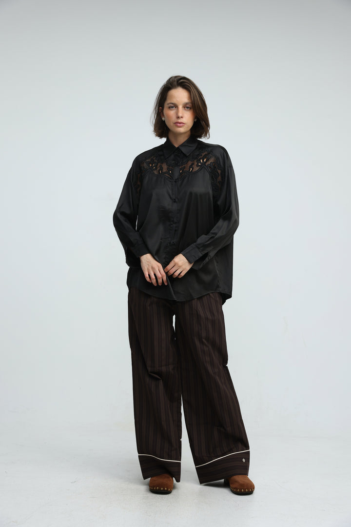 Satin Embroidered Black Buttoned Shirt