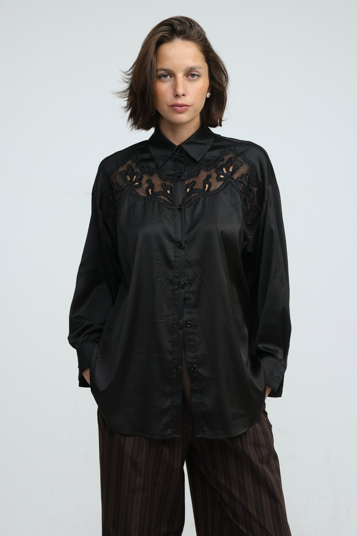 Satin Embroidered Black Buttoned Shirt