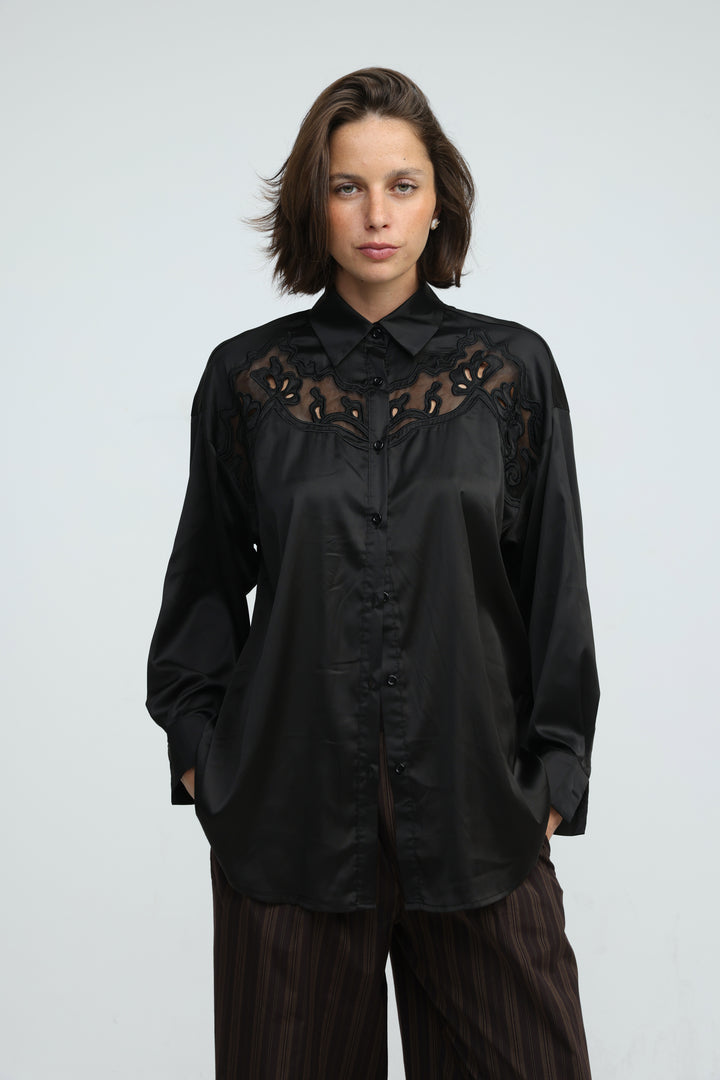 Satin Embroidered Black Buttoned Shirt
