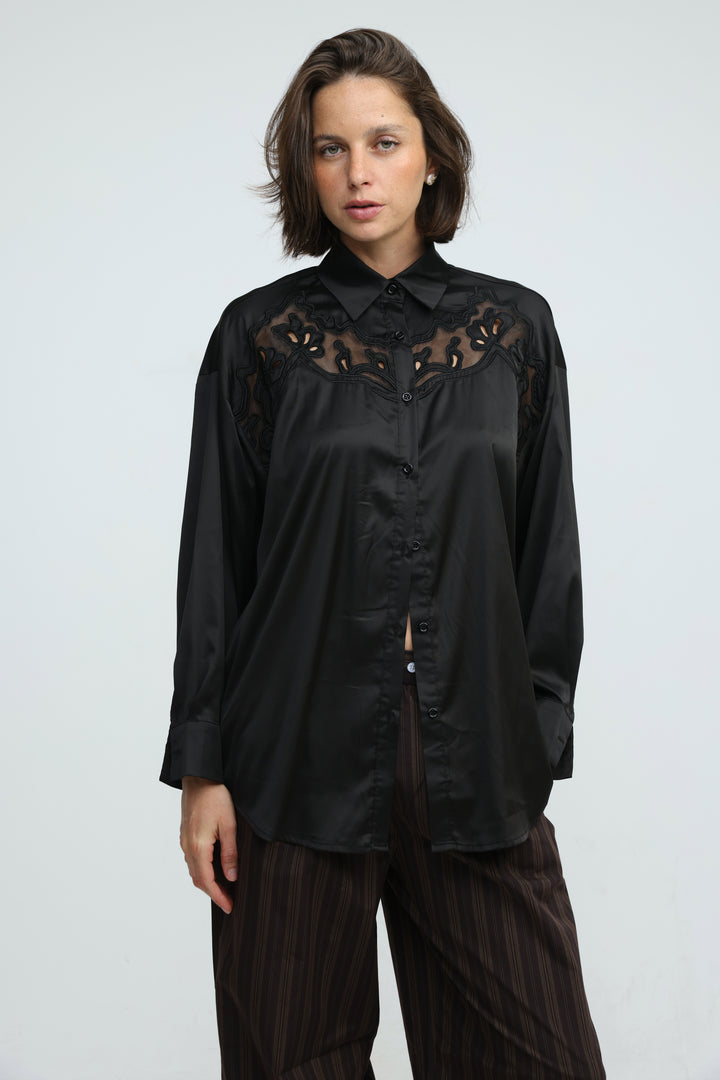 Satin Embroidered Black Buttoned Shirt