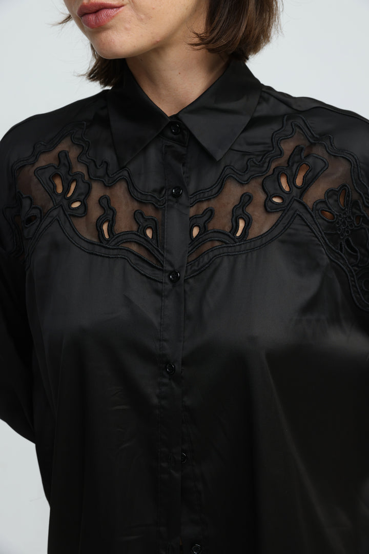 Satin Embroidered Black Buttoned Shirt