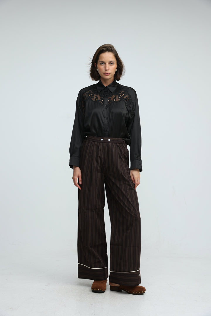Satin Embroidered Black Buttoned Shirt