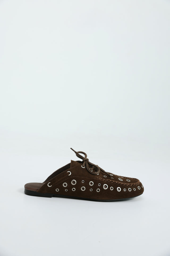 Suede Eyelet Brown Mules