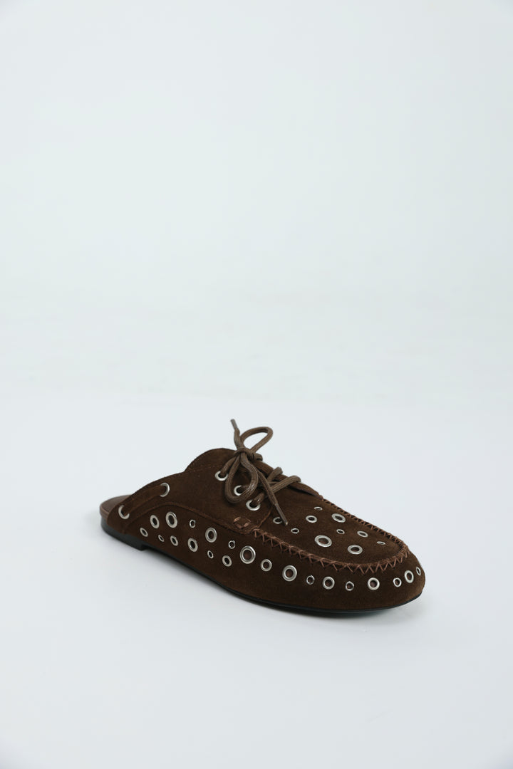 Suede Eyelet Brown Mules