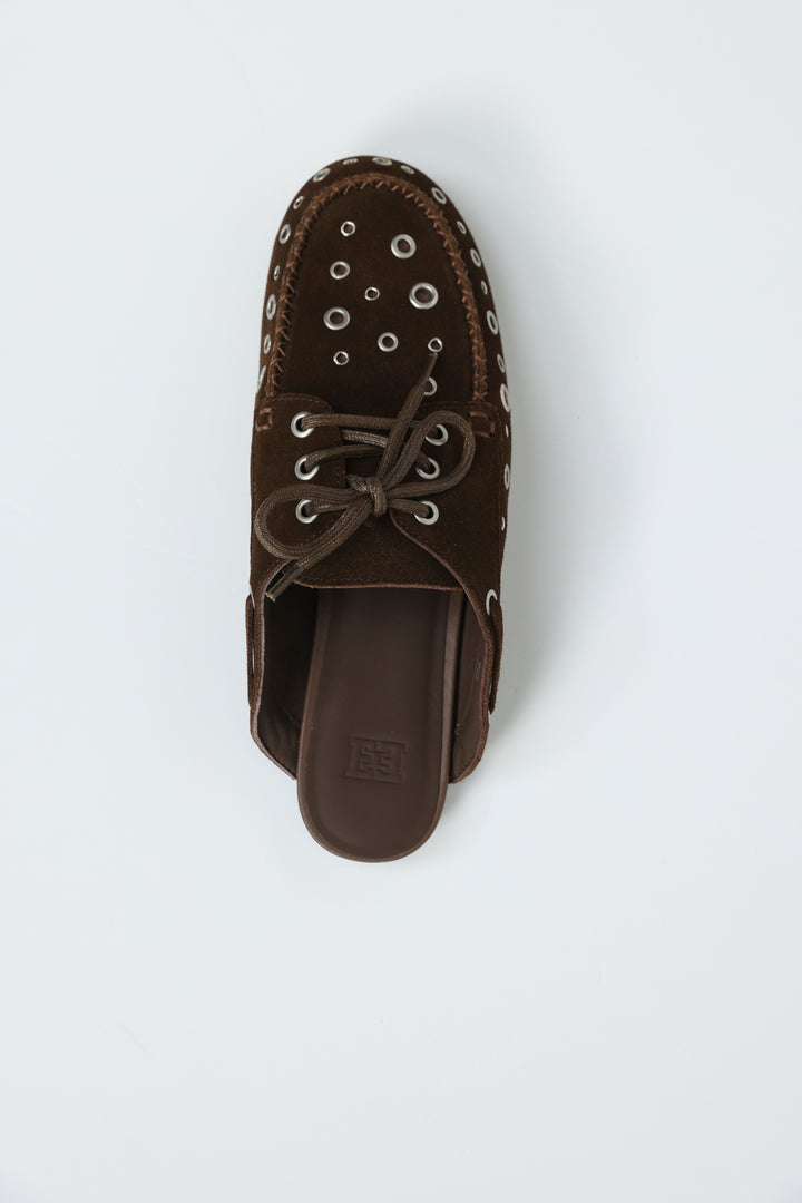Suede Eyelet Brown Mules