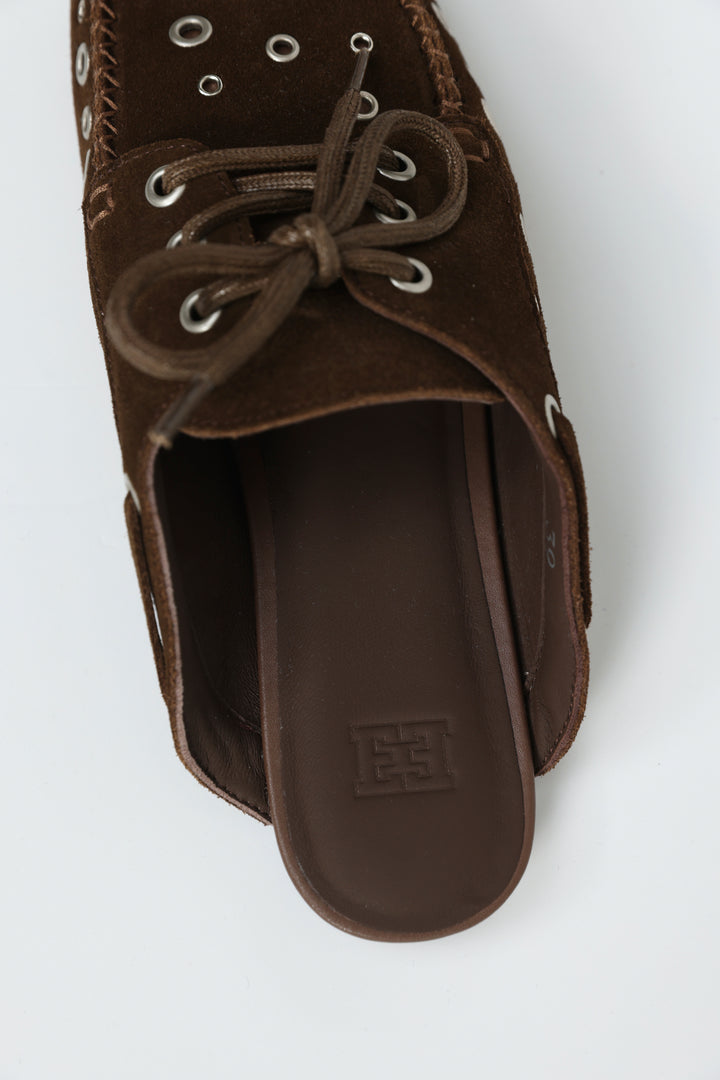 Suede Eyelet Brown Mules