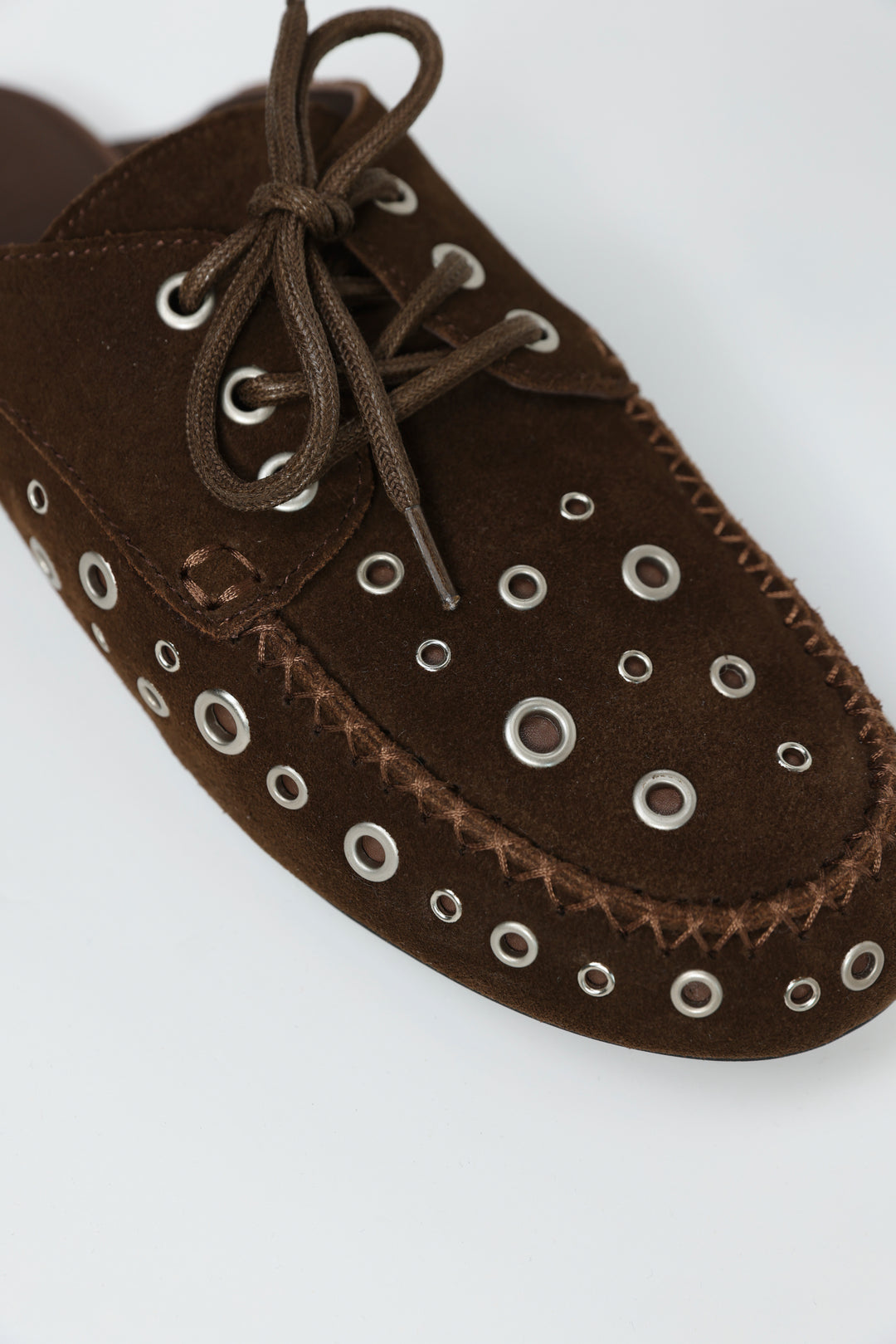 Suede Eyelet Brown Mules