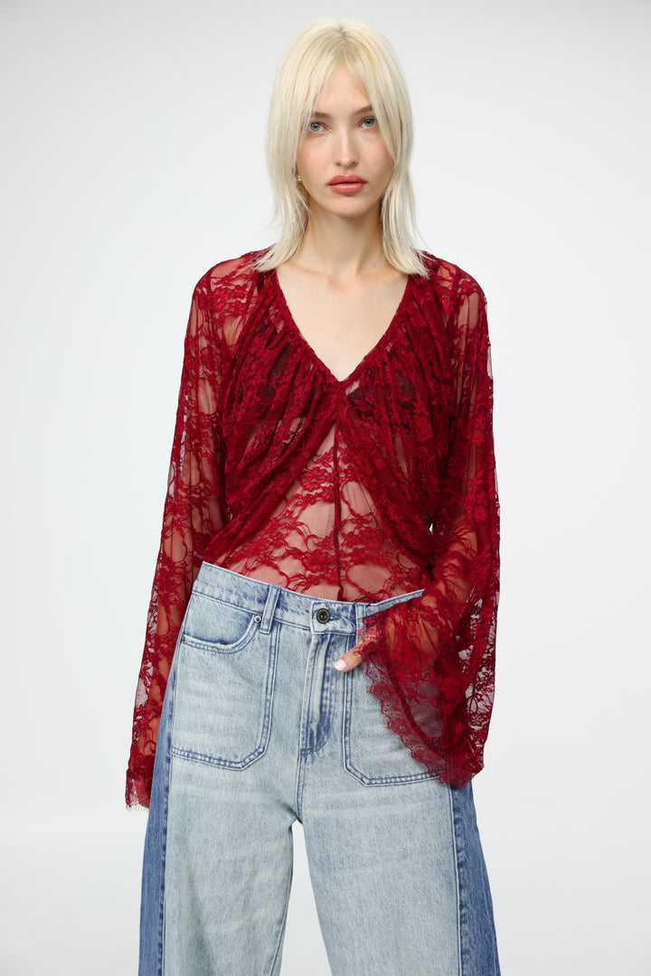 Lace Draped Wine Blouse
