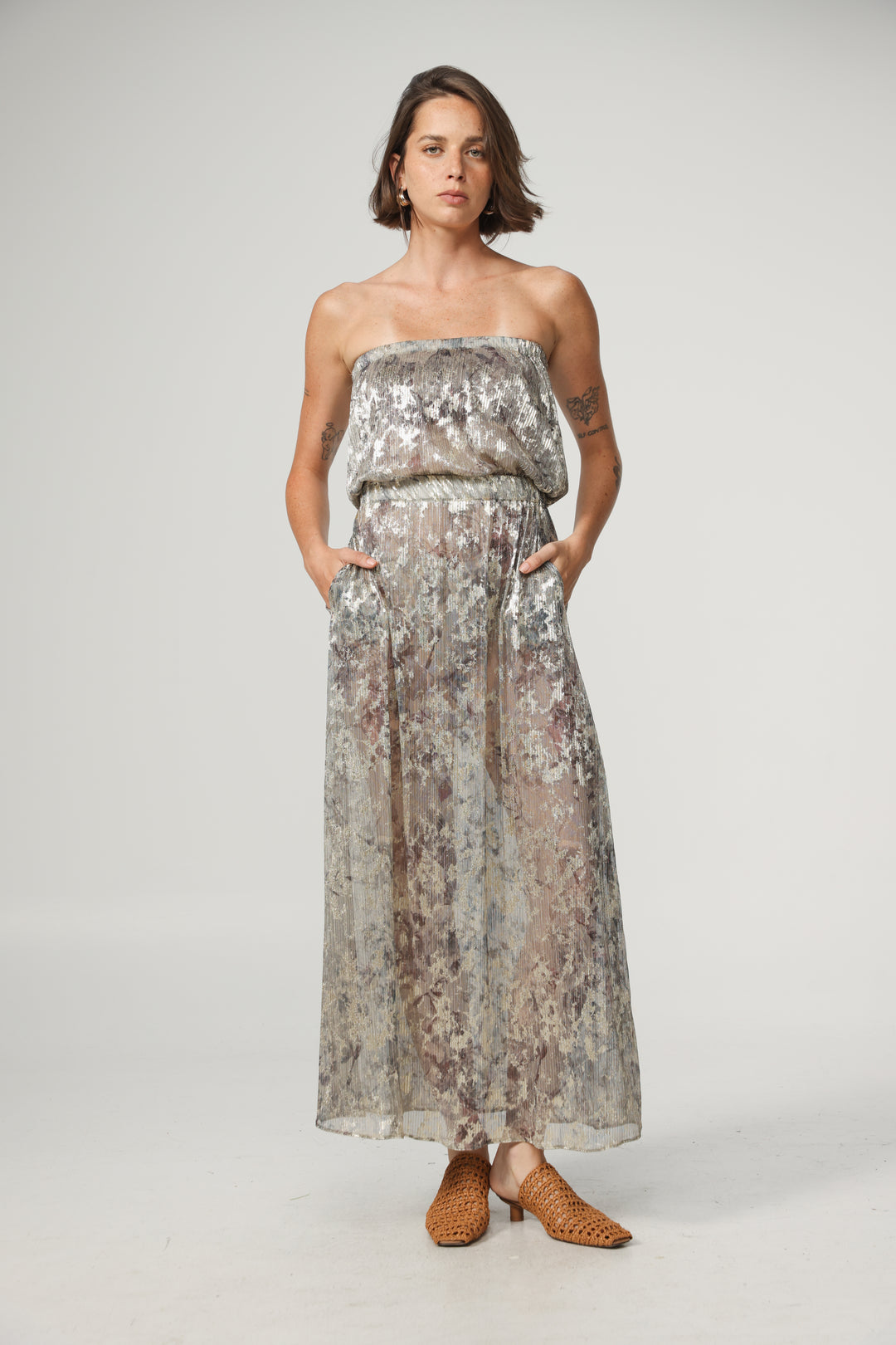 Her Silver Strapless Dress