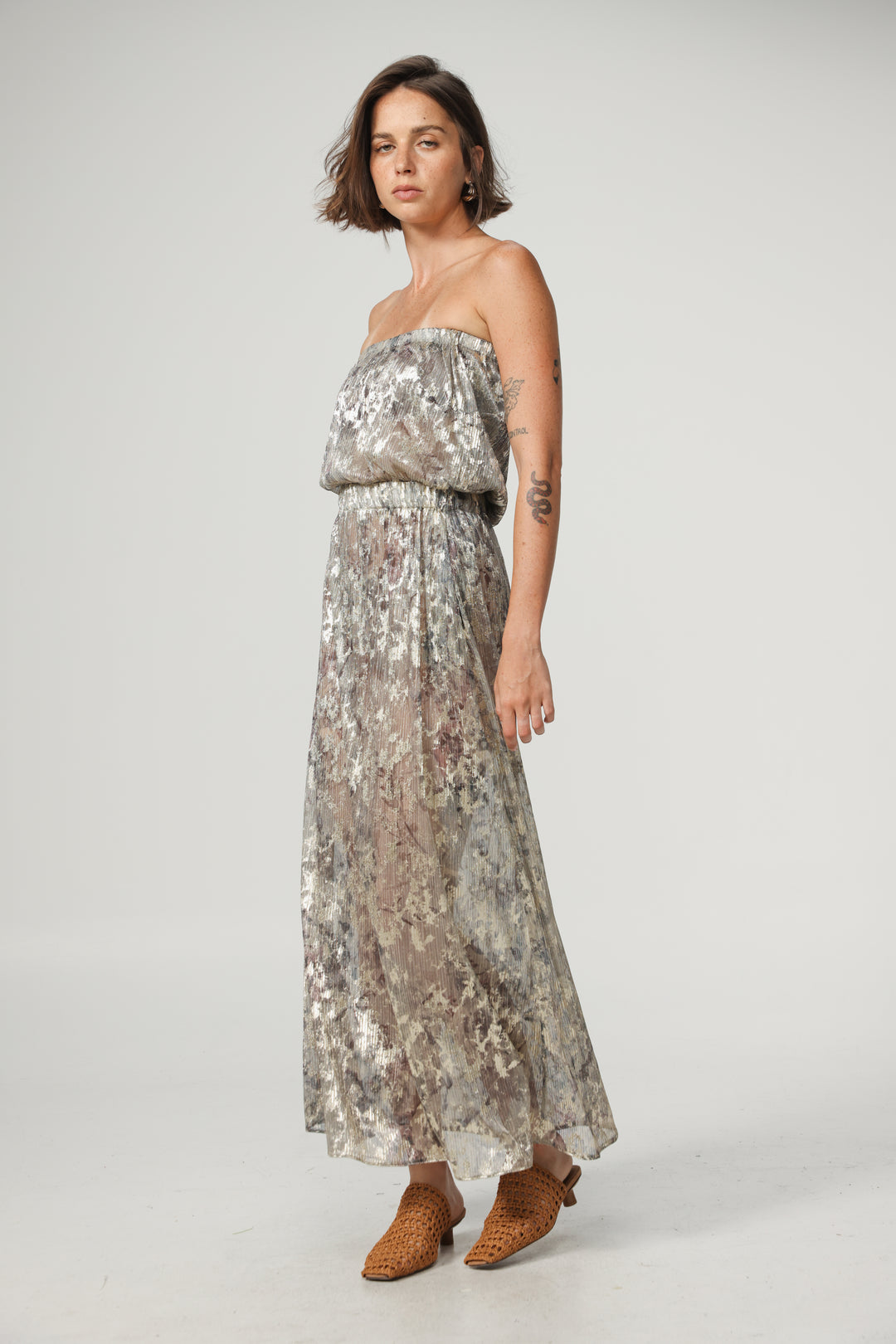 Her Silver Strapless Dress