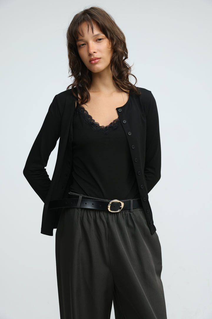 Black layered tank cardigan with buttons, subtle sheen, and delicate lace trim at the neckline, front view