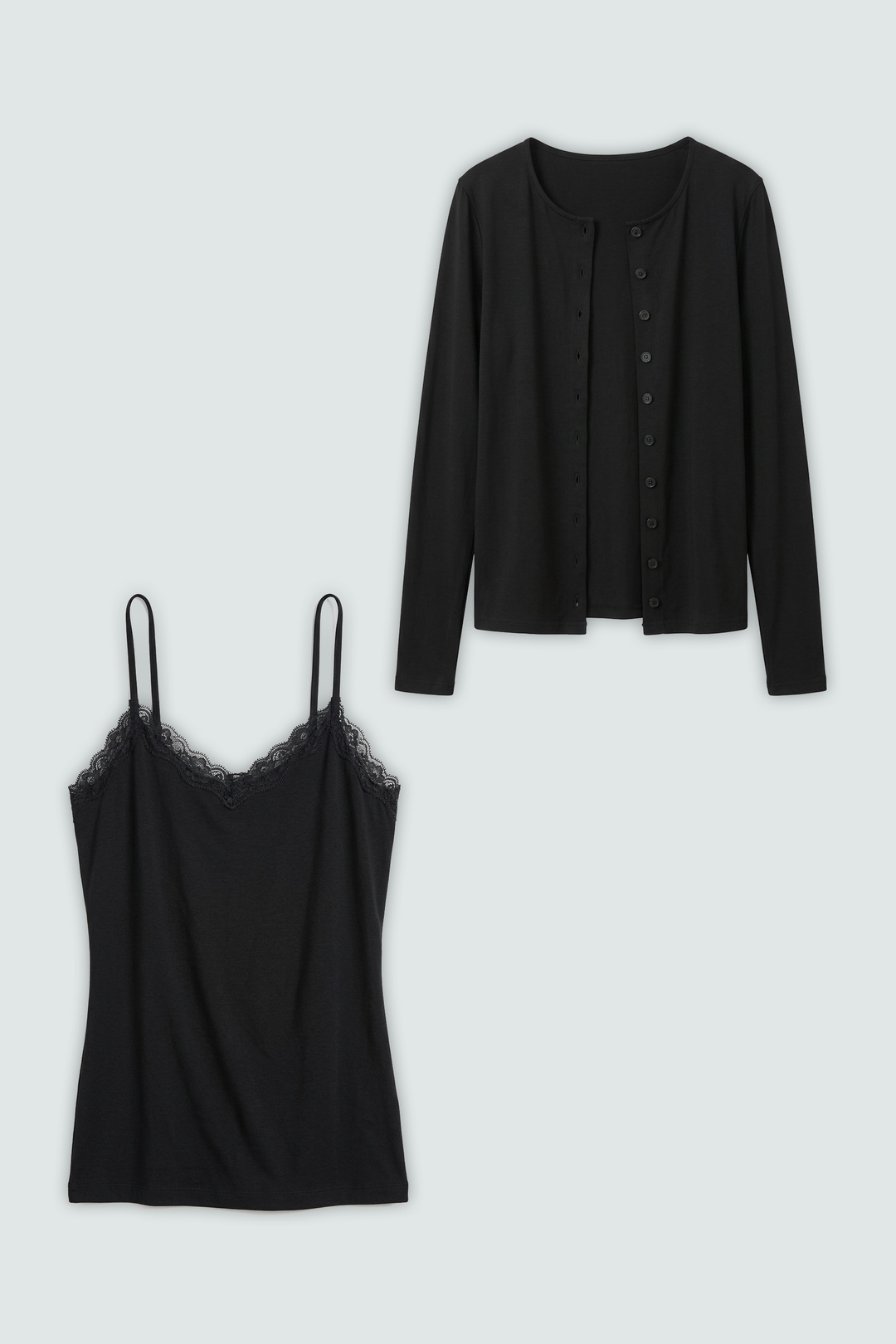 Black layered tank cardigan paired with a black lace-trimmed camisole top with thin spaghetti straps front view