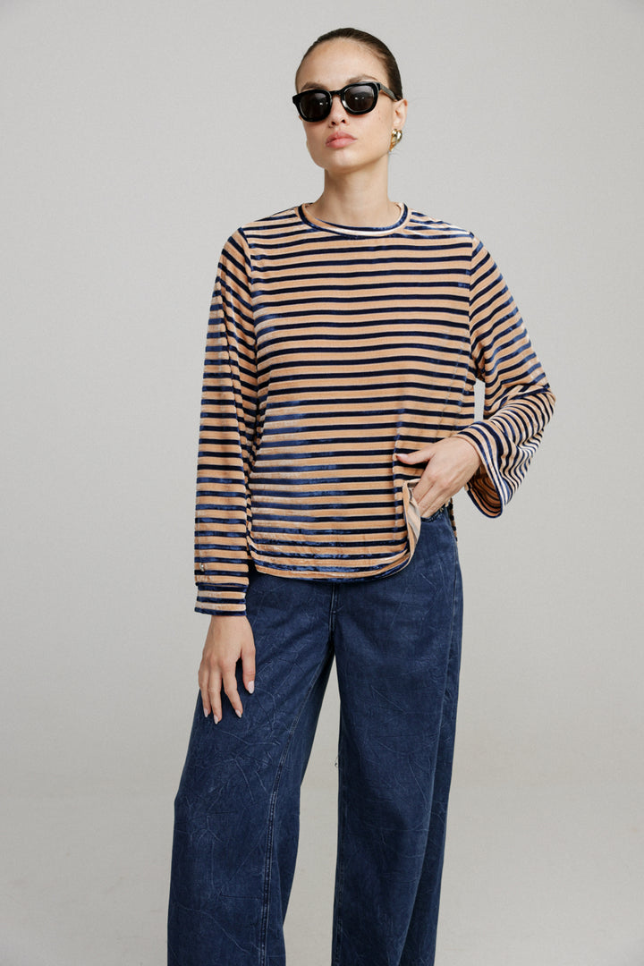 Boyfriend Camel Stripes Velvet Shirt