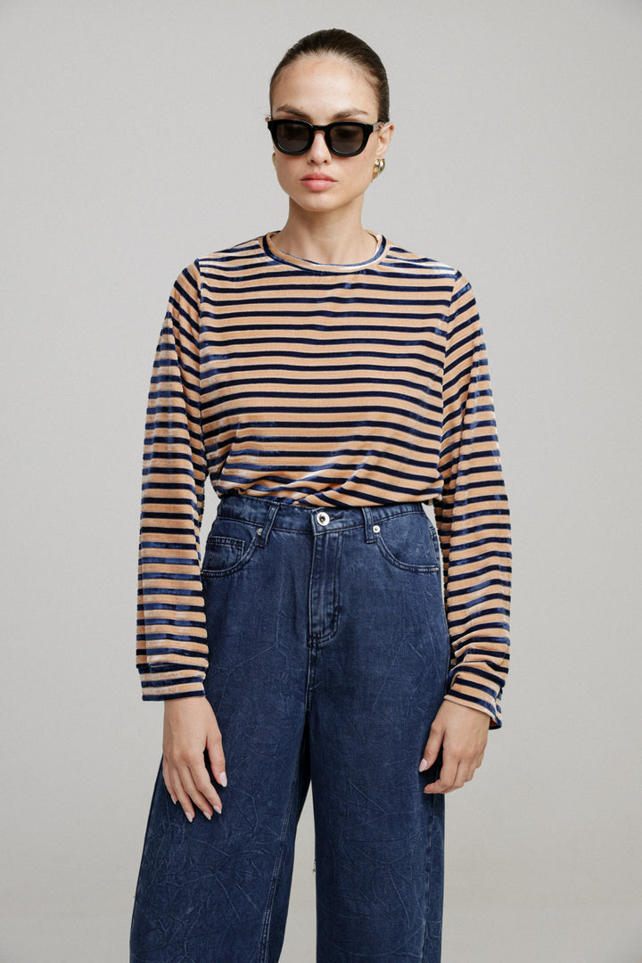 Boyfriend Camel Stripes Velvet Shirt