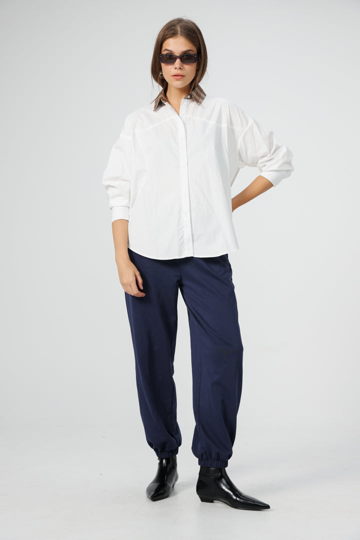 Plaid Collar White Buttoned Shirt