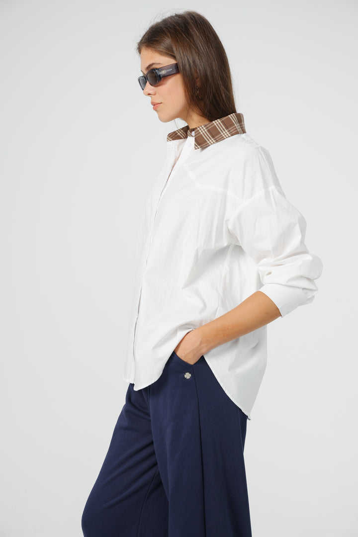 Plaid Collar White Buttoned Shirt