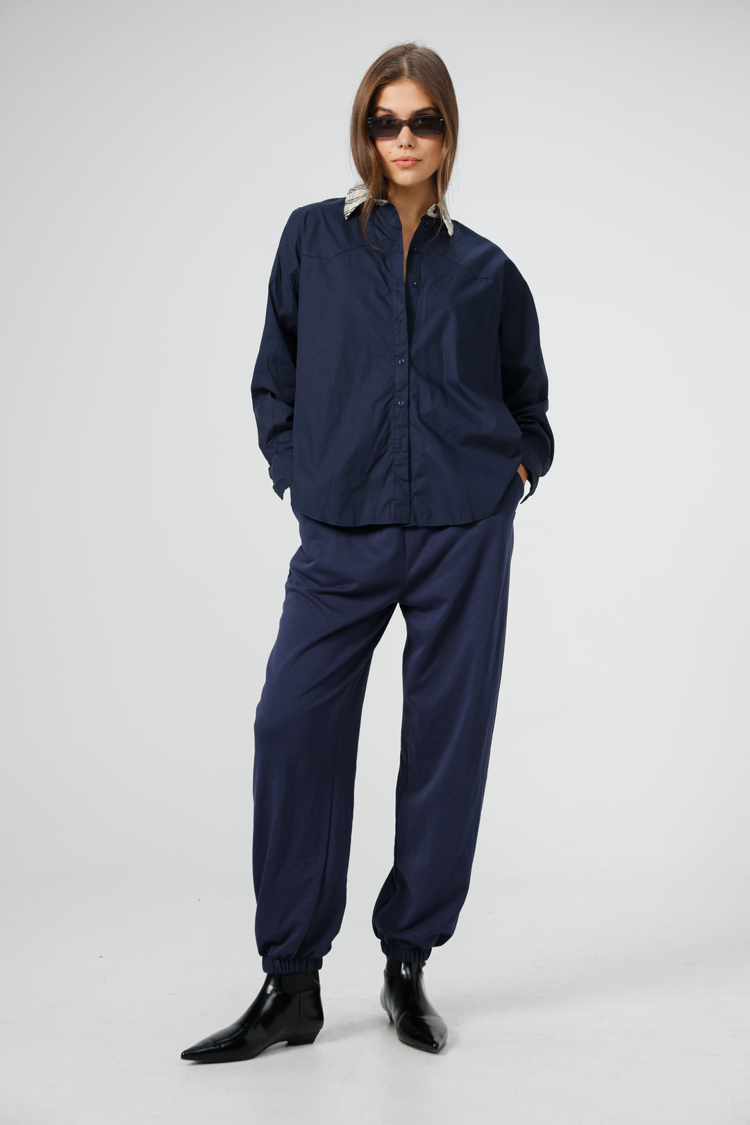 Plaid Collar Navy Buttoned Shirt