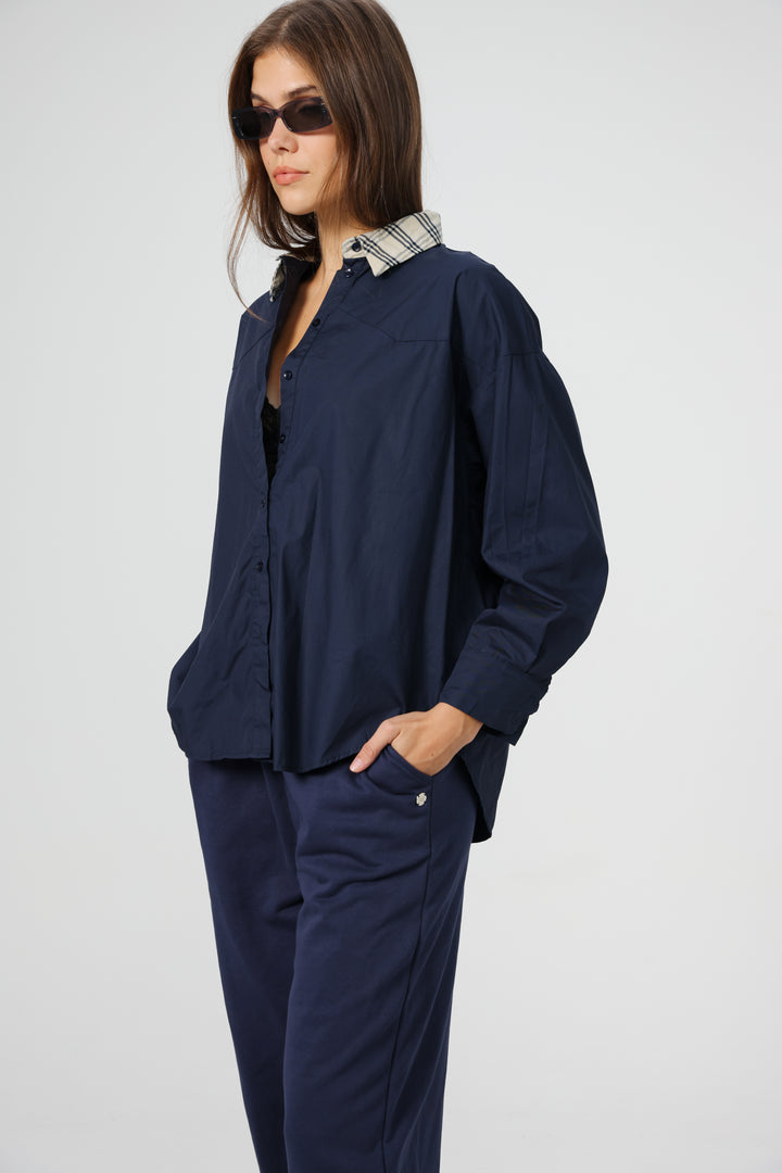 Plaid Collar Navy Buttoned Shirt