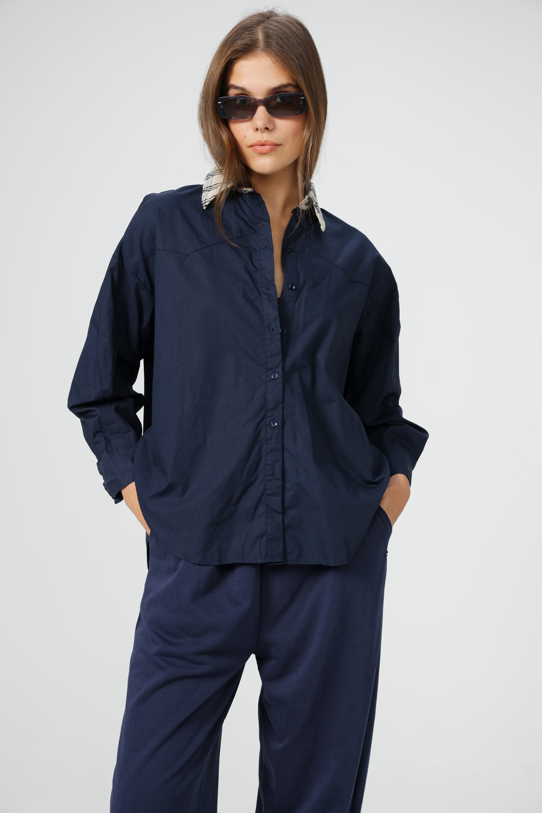 Plaid Collar Navy Buttoned Shirt