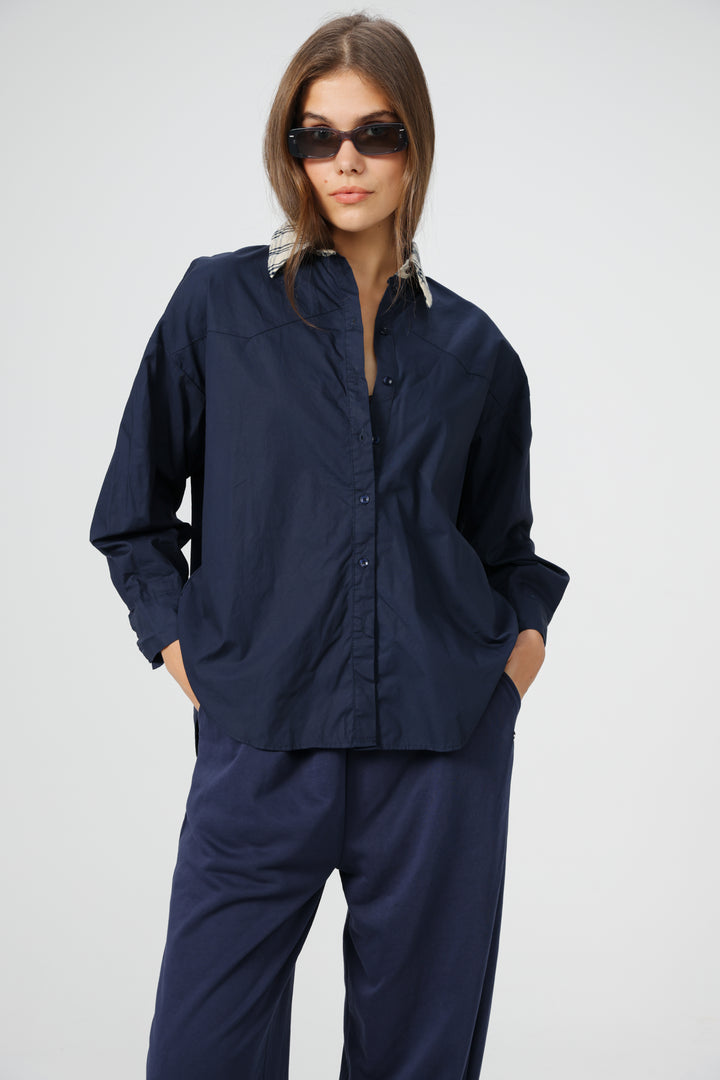 Plaid Collar Navy Buttoned Shirt