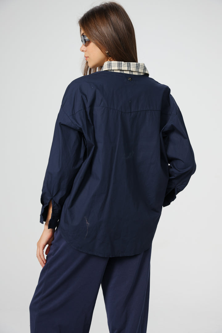 Plaid Collar Navy Buttoned Shirt