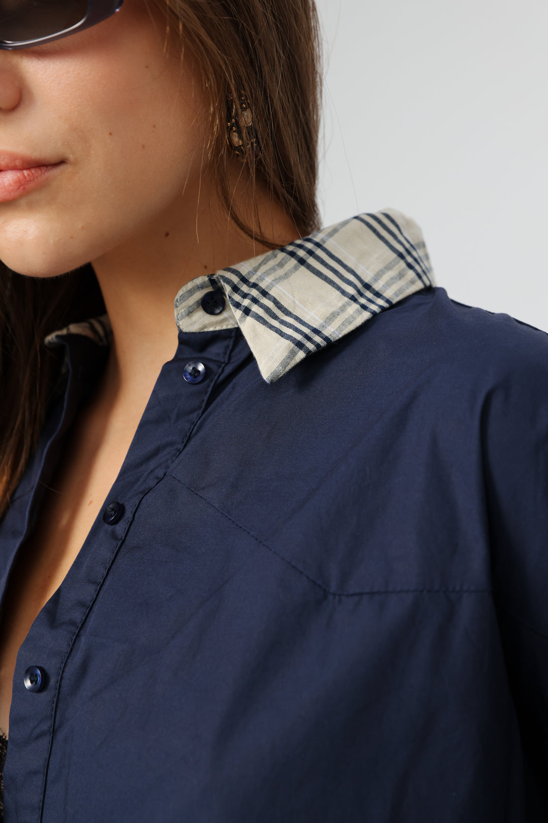 Plaid Collar Navy Buttoned Shirt