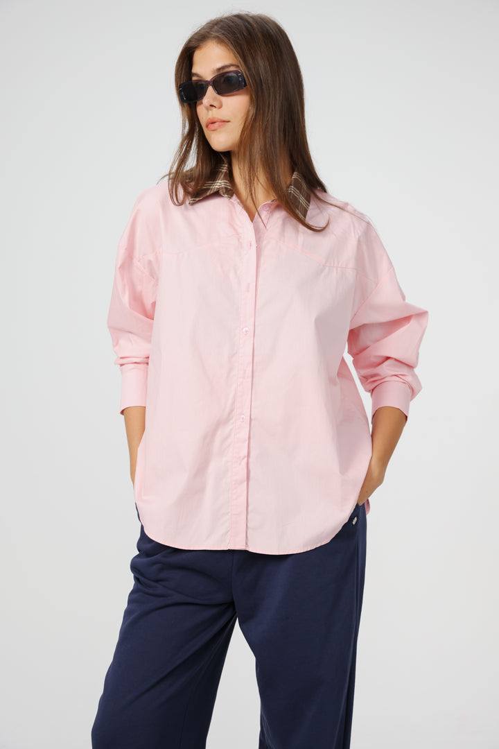 Plaid Collar Pink Buttoned Shirt