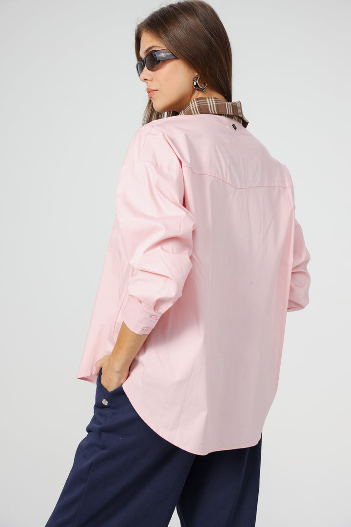 Plaid Collar Pink Buttoned Shirt