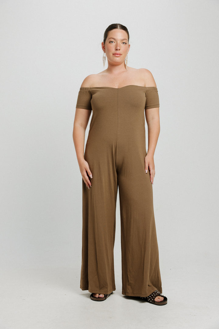 Eye Off Shoulder Brown Jumpsuit