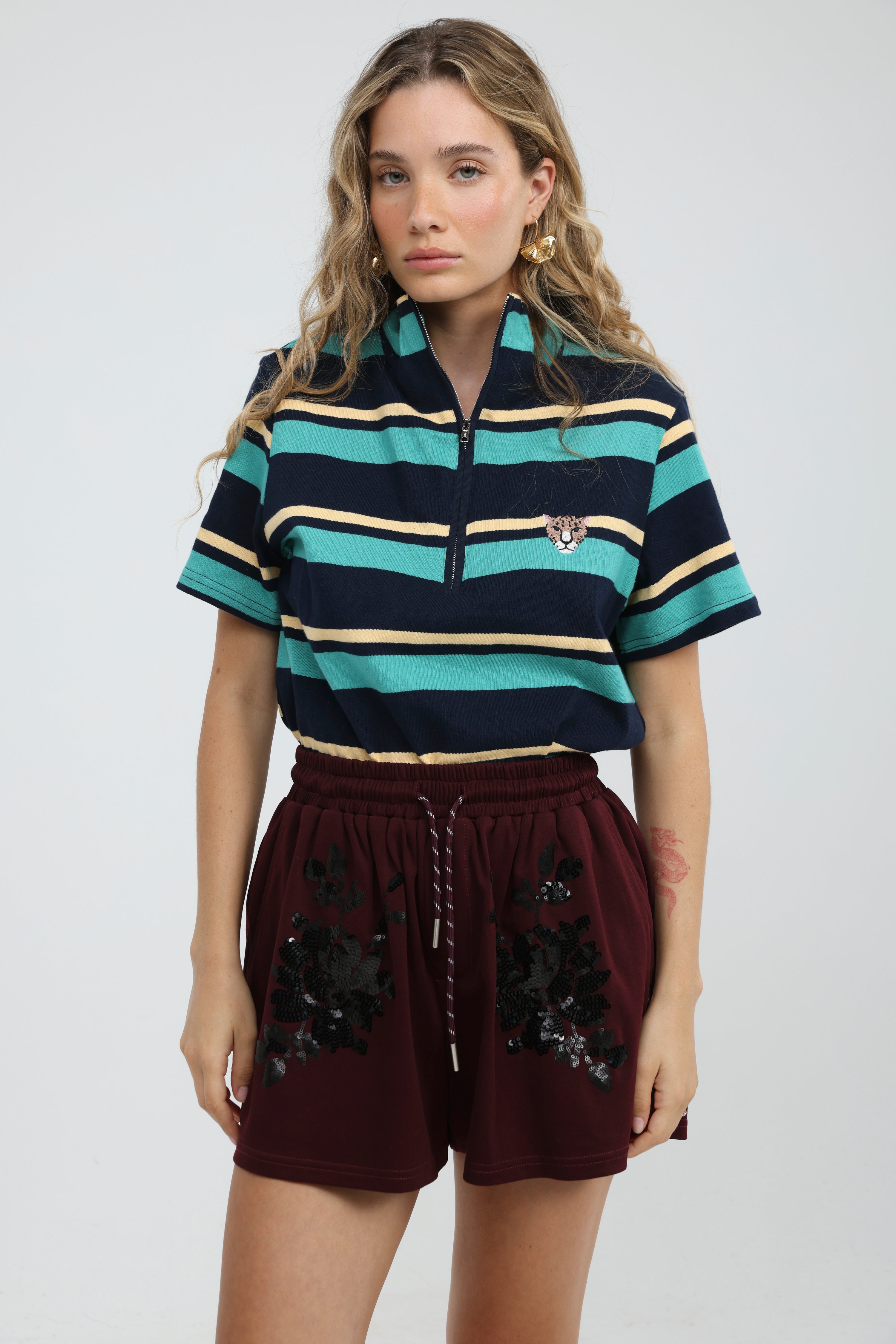 スノーボード EASY STRAY STRIPED ZIP POLO Wildflower Teal Striped Polo – SEESTARZ