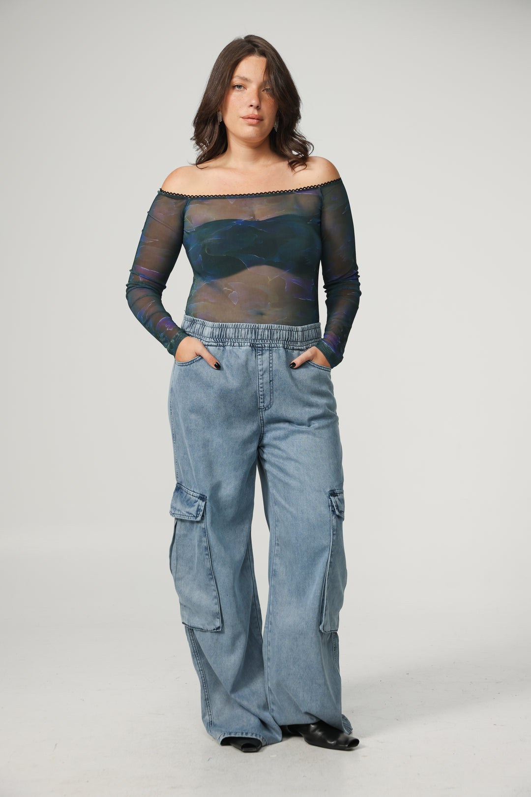 Mesh Blue Off Shoulder Bodysuit