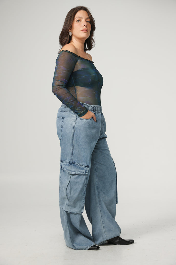 Mesh Blue Off Shoulder Bodysuit