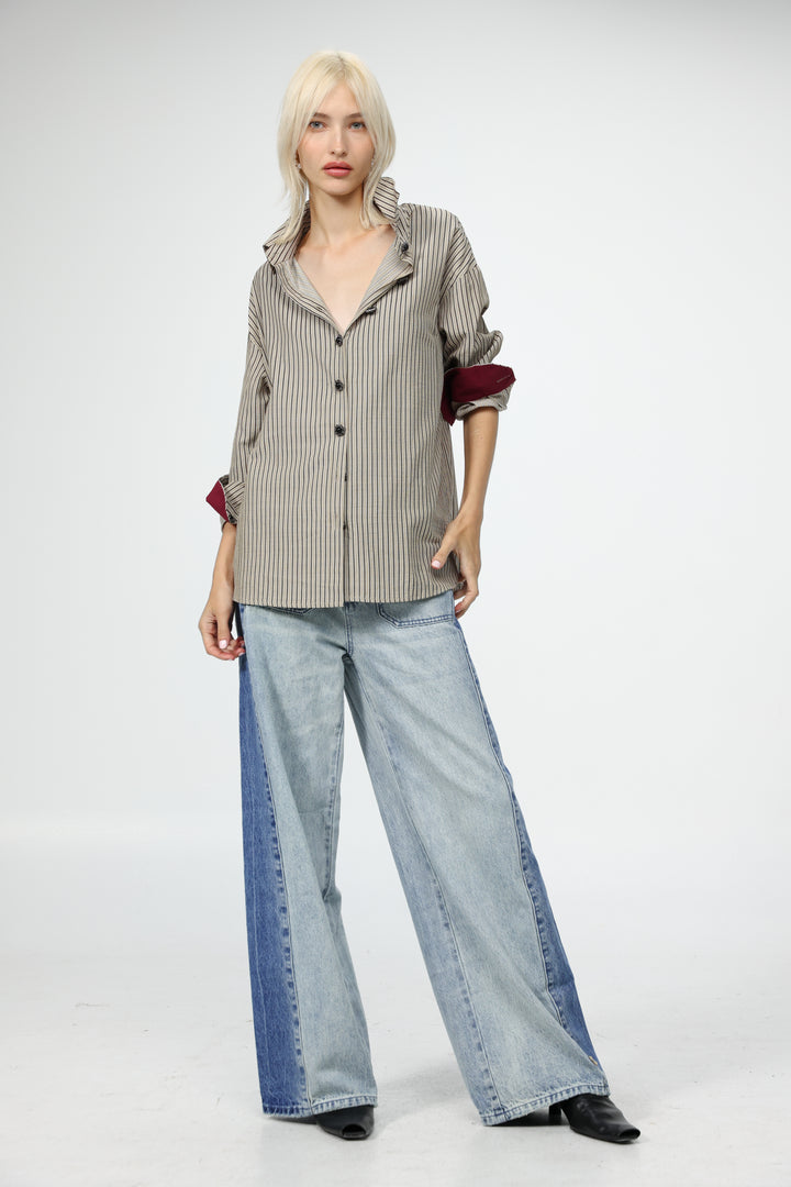 Beige Striped Buttoned Shirt
