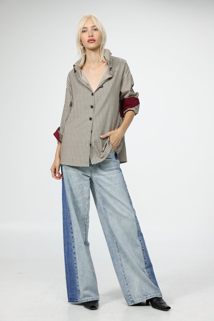 Beige Striped Buttoned Shirt