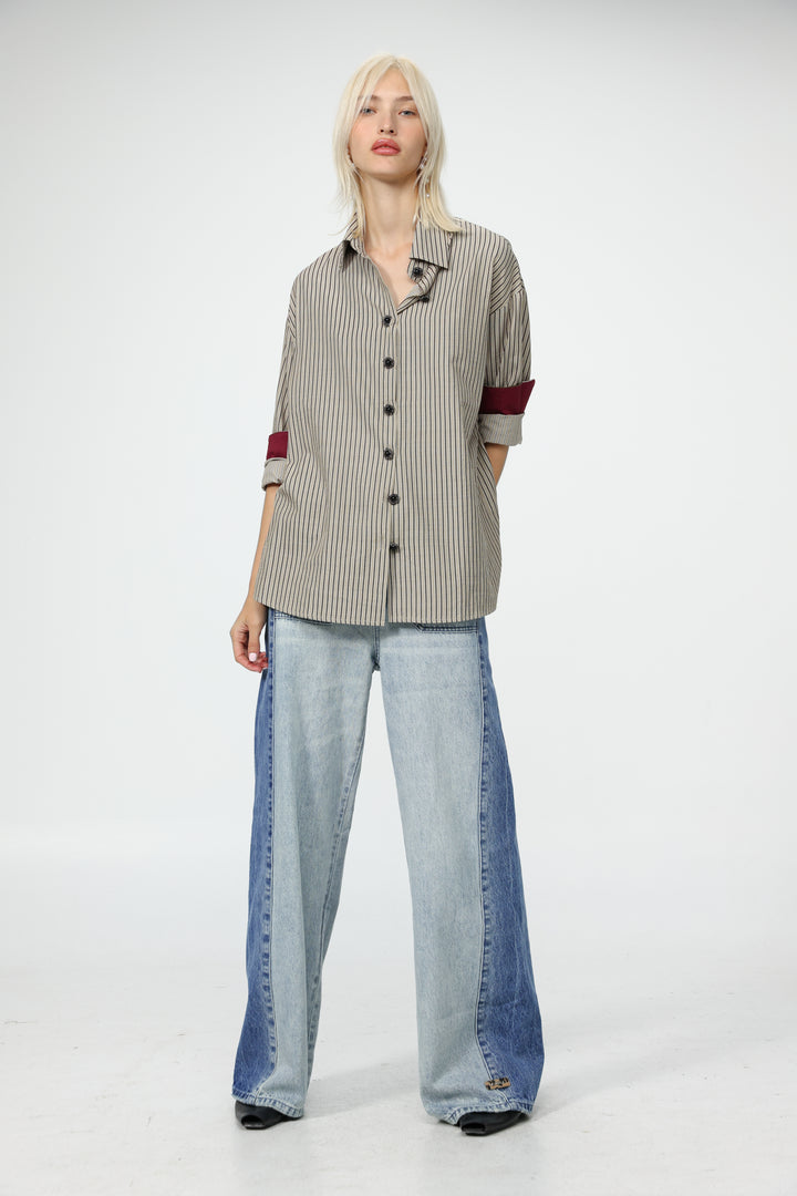 Beige Striped Buttoned Shirt