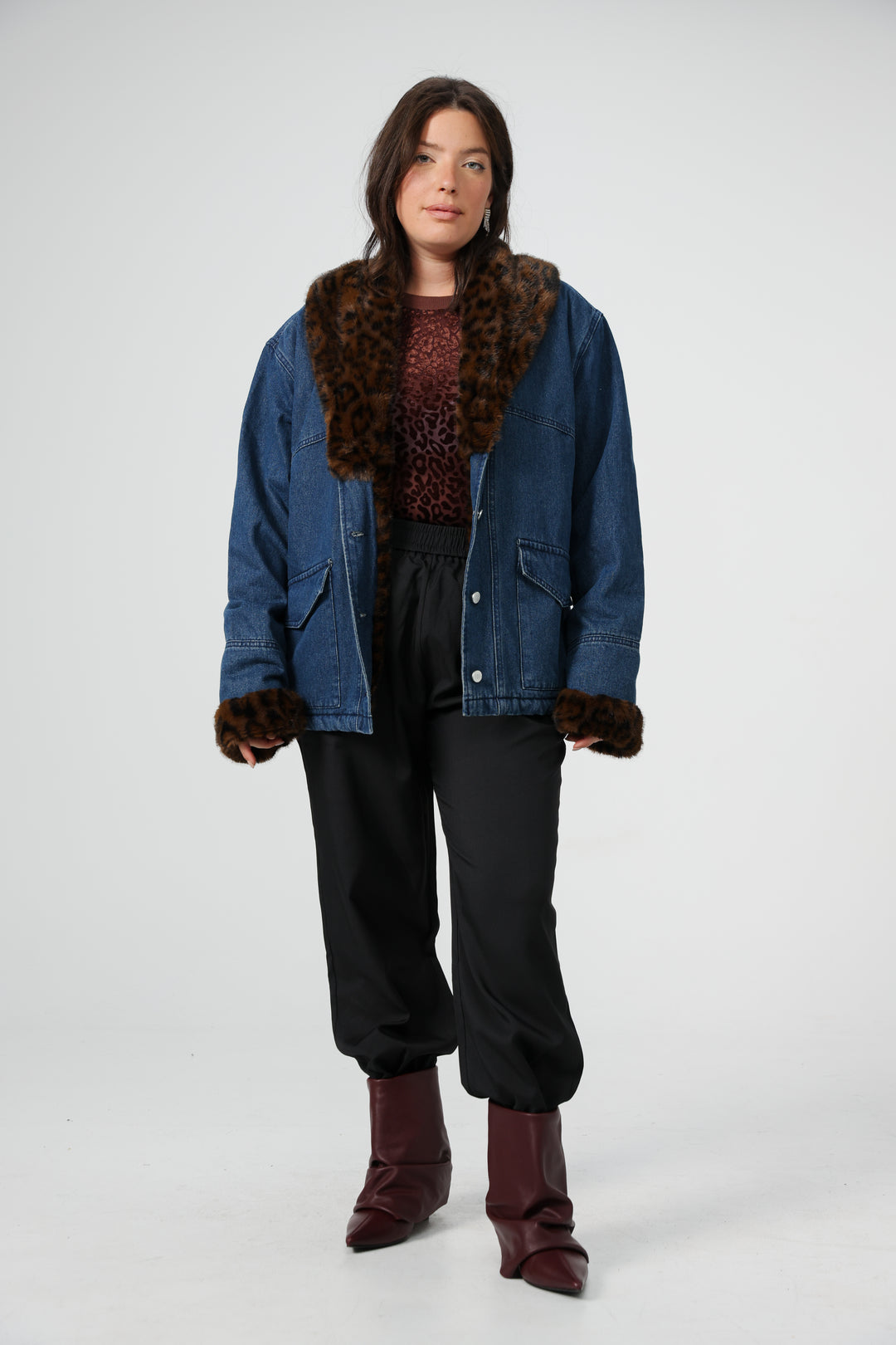 ג'קט ג'ינס עם פרווה מידות גדולות Seagull Blue Denim Jacket